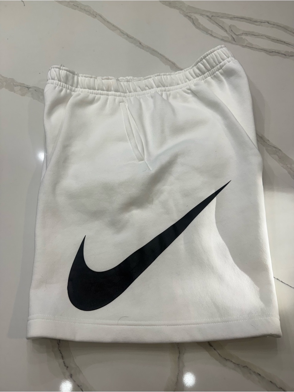 Nike White Fleece Athletic Shorts with Black Swoosh